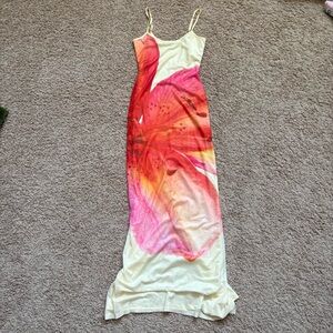 Peppermayo Yellow Maxi Dress with Pink Hibiscus Print